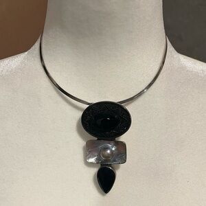 Amy Kahn Russell Vintage Blister Pearl & Carved Black Stone Pendant